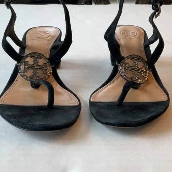 Tory Burch black suede sandal w/ rhinestone logo Size 8 - Picture 6 of 13